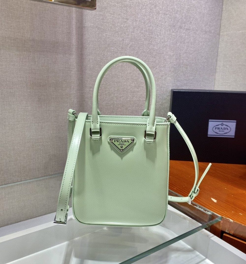 Prada Small Brushed Tote Green For Women, Women's Bags 6.9in/18cm