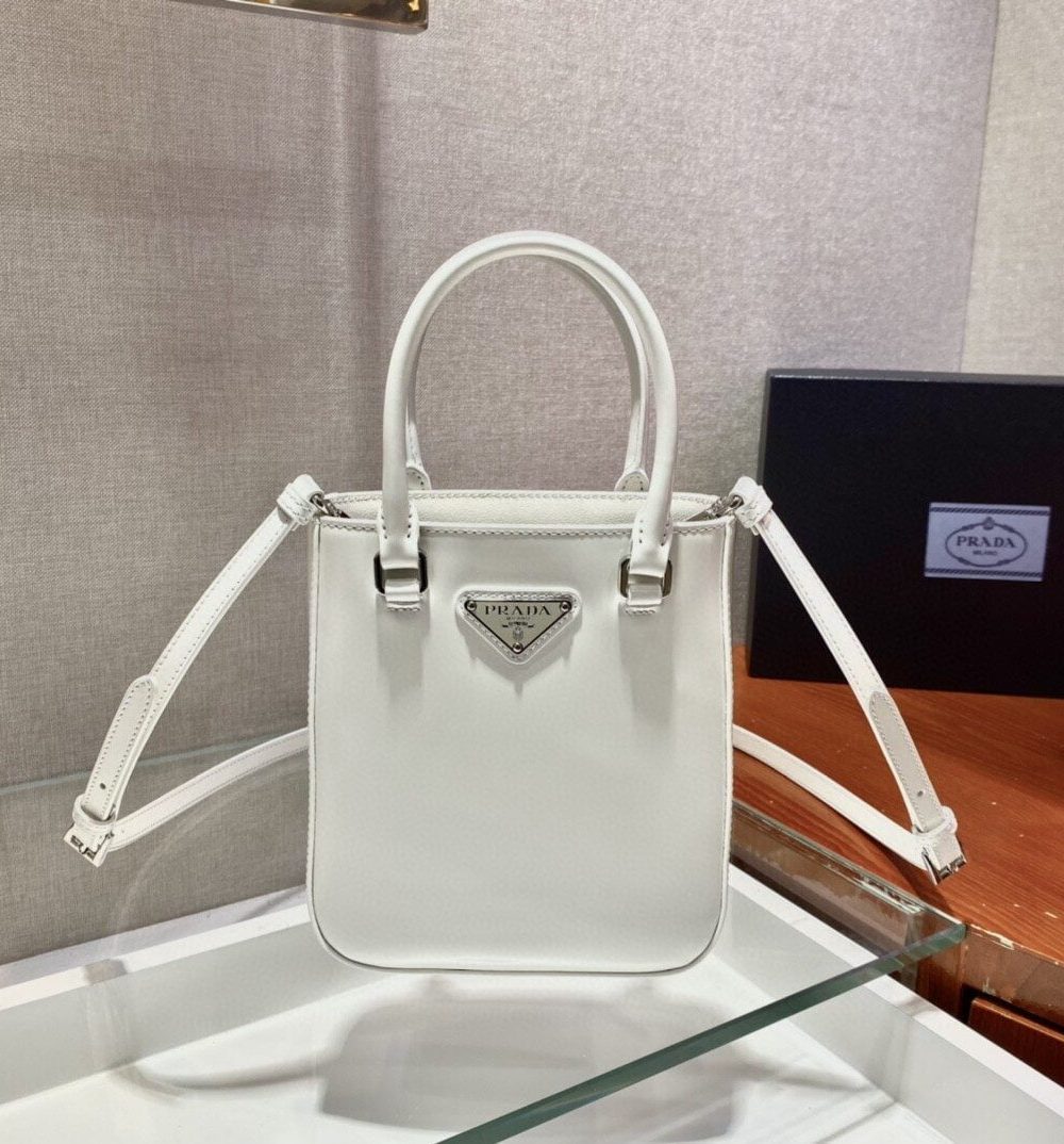 Prada Small Brushed Tote White For Women, Women's Bags 6.9in/18cm 1BA331_ZO6_F0009_V_OOO