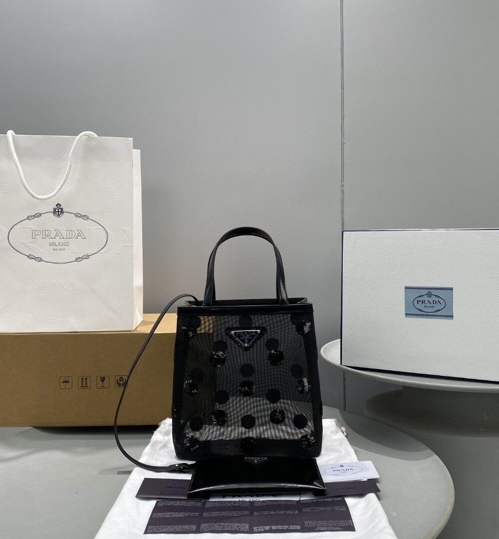 Prada Small Polka-Dot Mesh Tote Bag Black For Women, Women's Bags 8.6in/22cm 1BG417_2DZ9_F0002_V_OOO