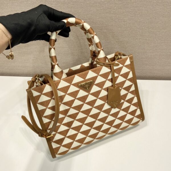 Prada Small Symbole Jacquard Fabric Handbag Brown/White For Women, Women's Bags 11in/28cm 1BA354_2FKL_F0I0U_V_OOO
