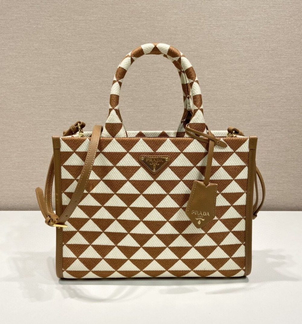 Prada Small Symbole Jacquard Fabric Handbag Brown/White For Women, Women's Bags 11in/28cm 1BA354_2FKL_F0I0U_V_OOO