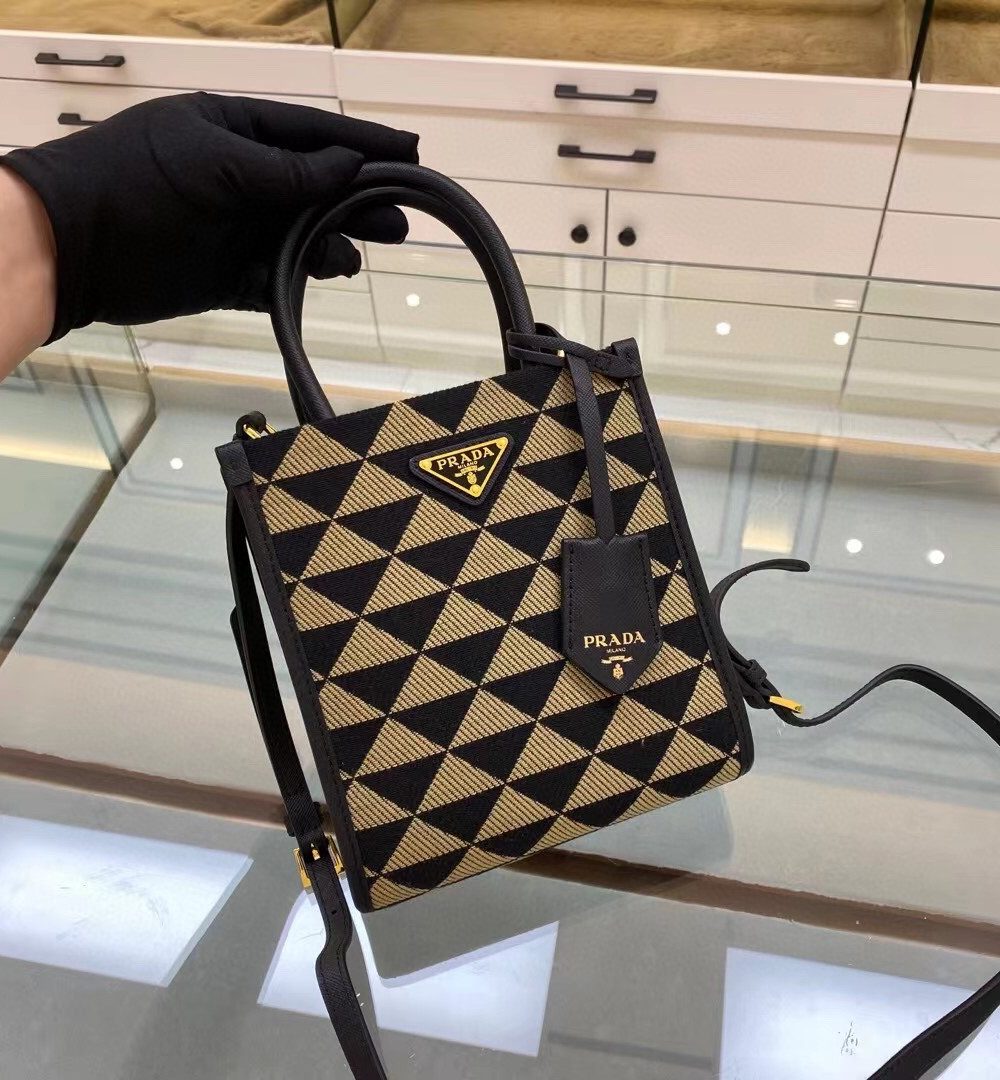 Prada Symbole Jacquard Fabric Micro Bag Black/Beige For Women, Women's Bags 7.5in/19cm 1BA355_2FKL_F0Y30_V_OOO