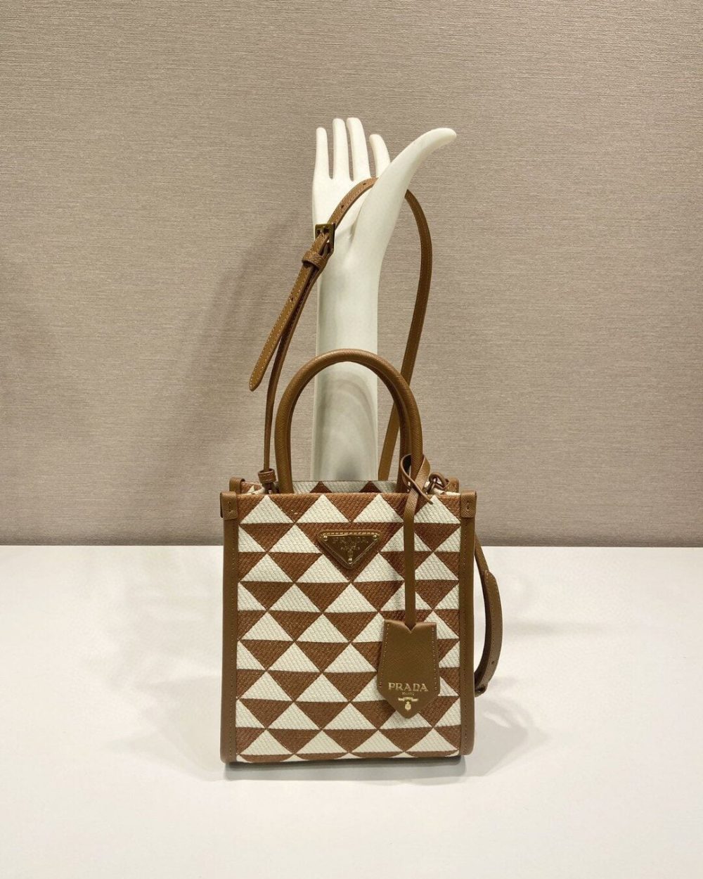 Prada Symbole Jacquard Fabric Micro Bag Brown/White For Women, Women's Bags 7.5in/19cm 1BA355_2FKL_F0I0U_V_OOO