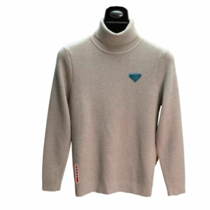 prada triangle logo neck jumper sweater beige for men evocr