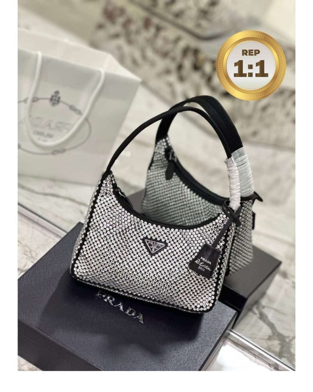 1:1 Replica Prada Satin Mini-Bag With Crystals Silver For Women 8.6in/22cm 1BC515_2AWL_F0T7O_V_OOO