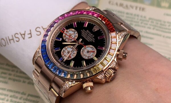 Rolex Daytona Cosmograph Rainbow Crystals Bezel Gold Toned Strap Black Dial 80251