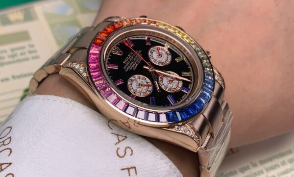 Rolex Daytona Cosmograph Rainbow Crystals Bezel Gold Toned Strap Black Dial 80251