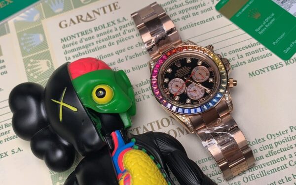 Rolex Daytona Cosmograph Rainbow Crystals Bezel Gold Toned Strap Black Dial 80251