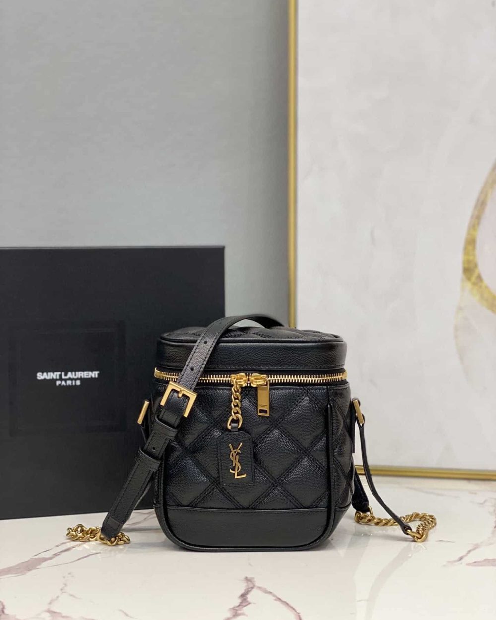 [REP 1:1] Saint Laurent 80's Vanity Bag In Carré-Quilted Grain De Poudre Black For Women 6.4in/16.5cm YSL 649779DME271000