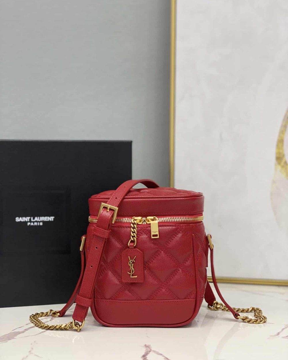 [REP 1:1] Saint Laurent 80's Vanity Bag In Carré-Quilted Grain De Poudre Red For Women 6.4in/16.5cm YSL 649779DME276805