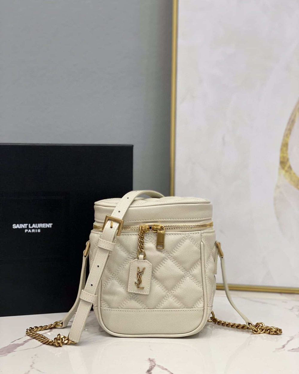 [REP 1:1] Saint Laurent 80's Vanity Bag In Carré-Quilted Grain De Poudre White For Women 6.4in/16.5cm YSL 649779DME279207