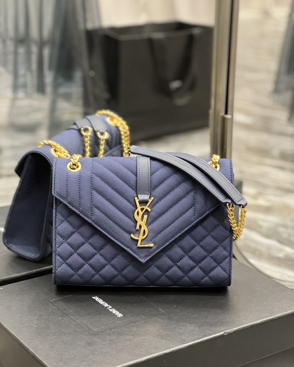 [REP 1:1] Saint Laurent Envelope Medium Bag Marine In Mix Matelassé Grain De Poudre Embossed Material For Women 9.4in/24cm YSL 600185BOW914147