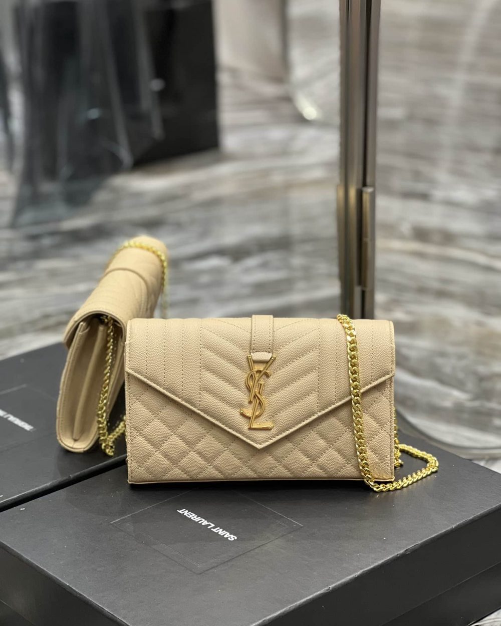 [REP 1:1] Saint Laurent Envelope Small Chain Bag Beige For Women, Women's Bags 8.6in/22cm YSL