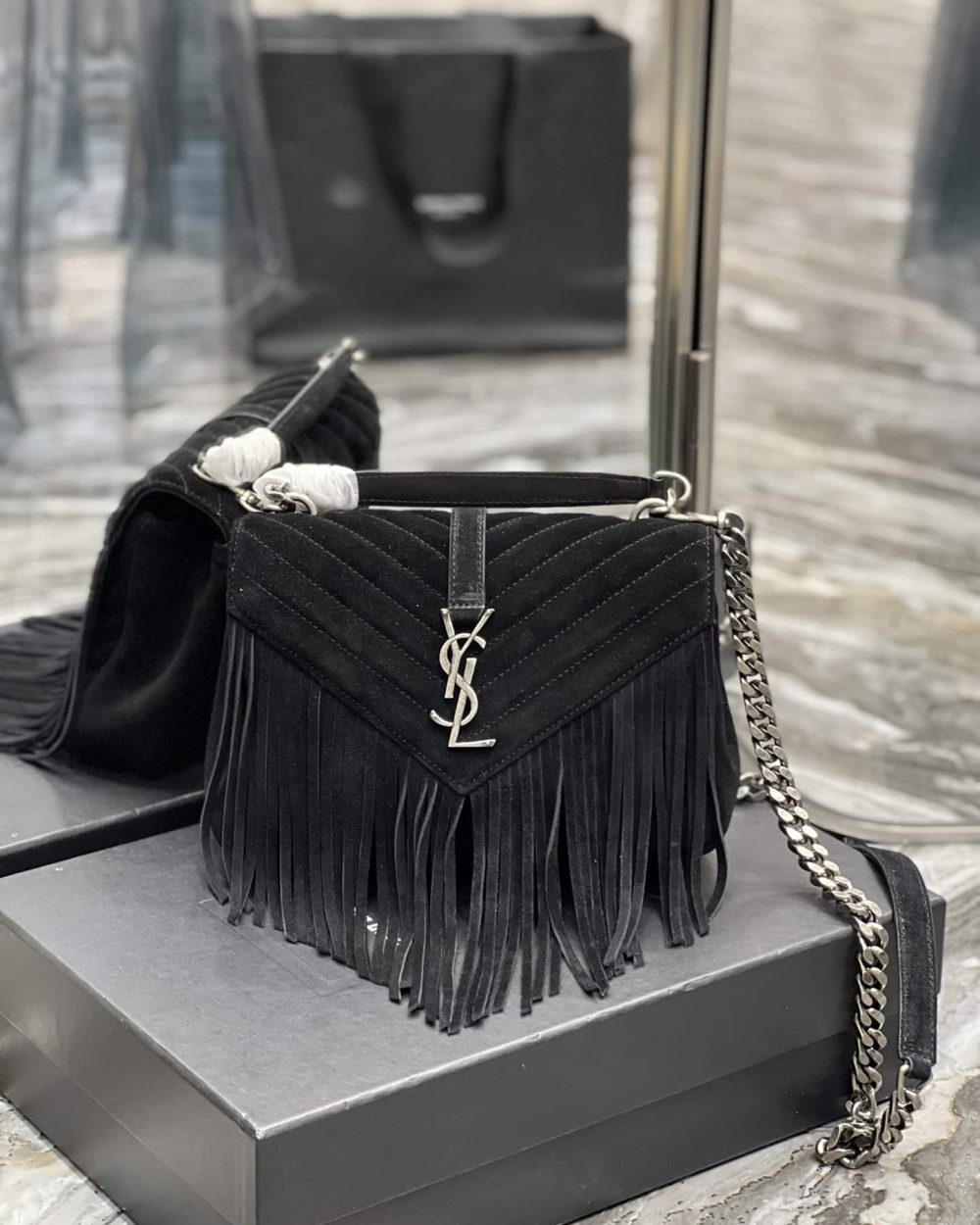 [REP 1:1] Saint Laurent Frosted Belt Fringe Perennial Messenger Bag Black For Women, Women's Bags 9.4in/24cm YSL