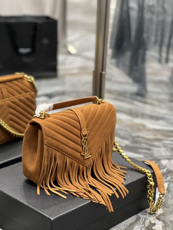 [REP 1:1] Saint Laurent Frosted Belt Fringe Perennial Messenger Bag Brown For Women, Women's Bags 9.4in/24cm YSL