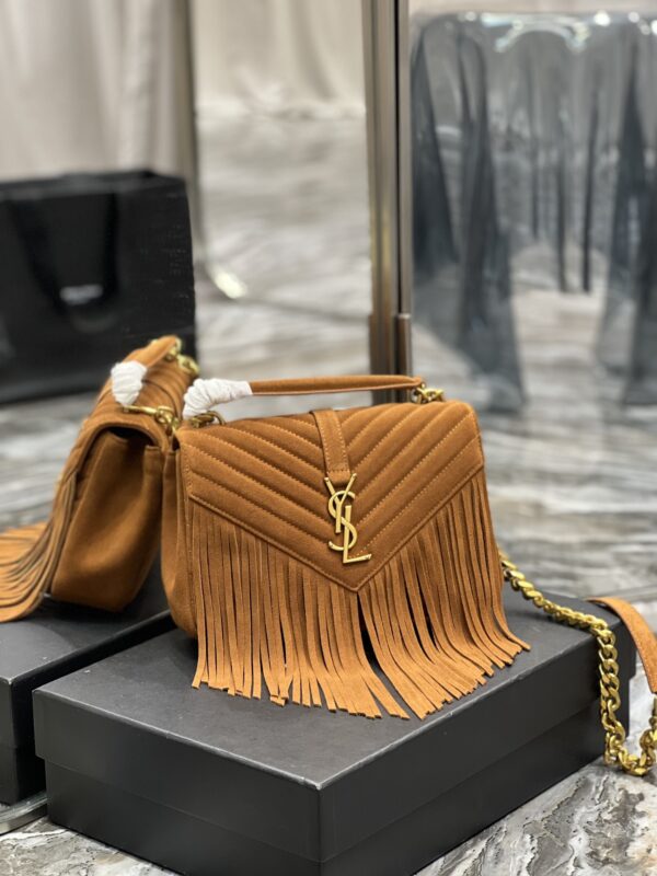 [REP 1:1] Saint Laurent Frosted Belt Fringe Perennial Messenger Bag Brown For Women, Women's Bags 9.4in/24cm YSL