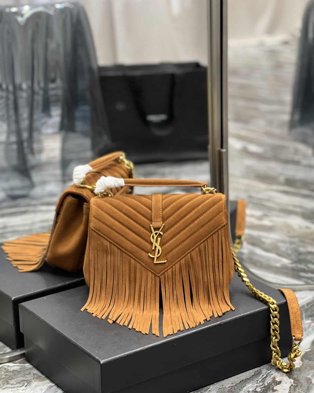 [REP 1:1] Saint Laurent Frosted Belt Fringe Perennial Messenger Bag Brown For Women, Women's Bags 9.4in/24cm YSL