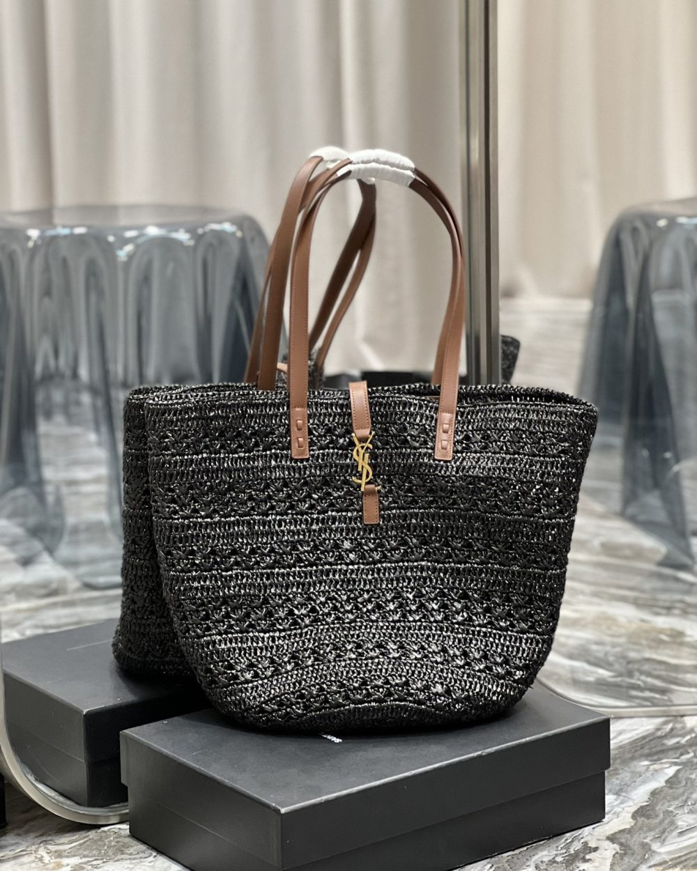[REP 1:1] Saint Laurent Hollow Straw Woven Tote Bag Black For Women, Women's Bags 21.6in/55cm YSL