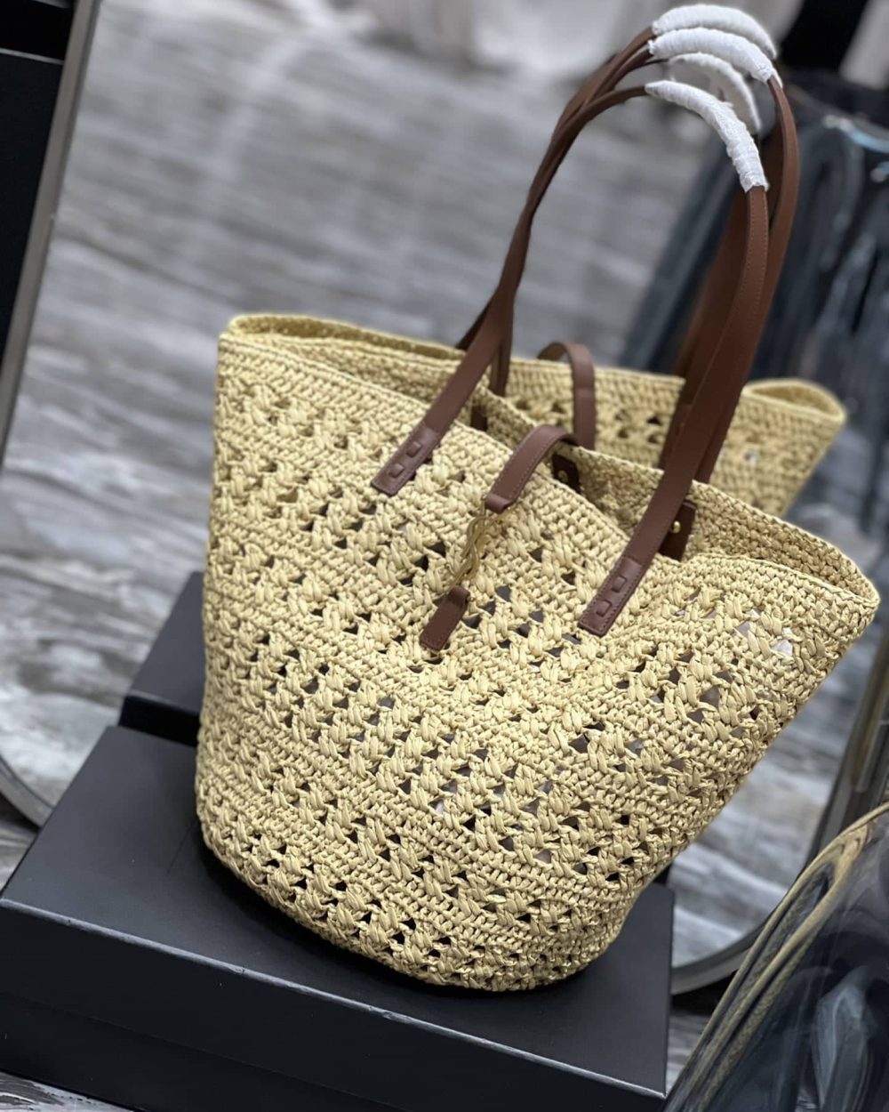 [REP 1:1] Saint Laurent Hollow Straw Woven Tote Bag Yellow For Women, Women's Bags 21.6in/55cm YSL