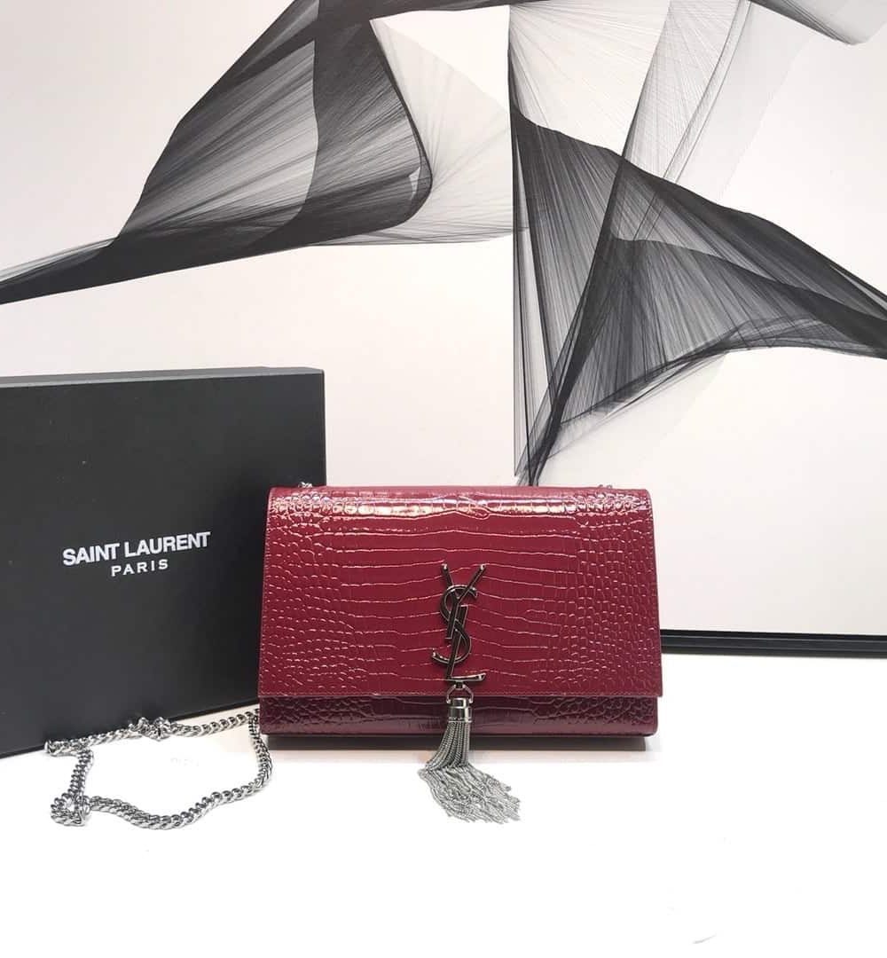 [REP 1:1] Saint Laurent Kate Medium Chain Bag With Tassel In Shiny-Embossed Burgundy For Women 9.4in/24cm