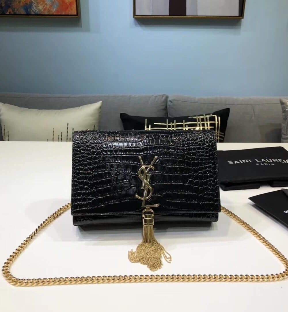 [REP 1:1] Saint Laurent Kate Small Chain Bag With Tassel In Embossed Black For Women 7.8in/20cm YSL 474366DND0J1000