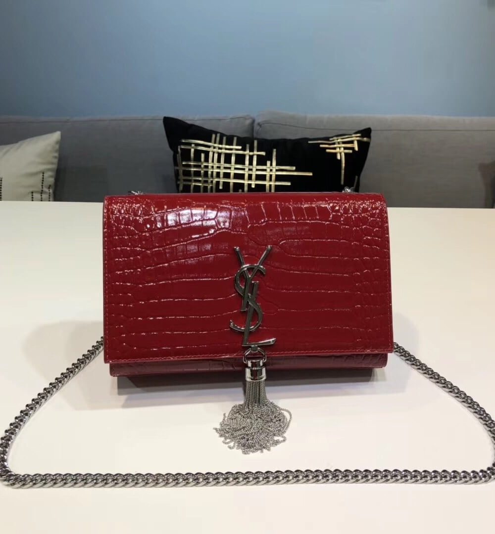 [REP 1:1] Saint Laurent Kate Small Chain Bag With Tassel In Embossed Burgundy For Women 7.8in/20cm YSL