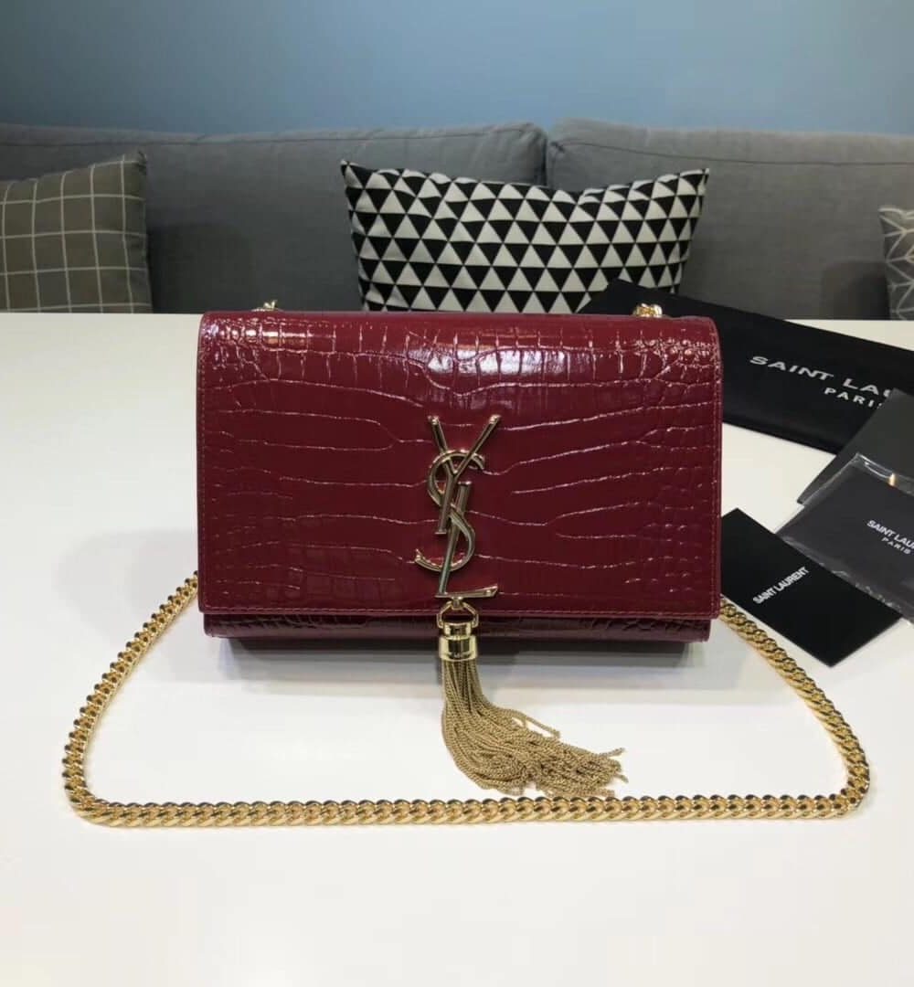 [REP 1:1] Saint Laurent Kate Small Chain Bag With Tassel In Embossed Burgundy For Women 7.8in/20cm YSL