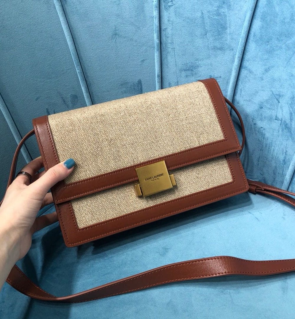 [REP 1:1] Saint Laurent Le Carré Satchel In Canvas And Box Natural Beige & Brick For Women 9in/23cm YSL