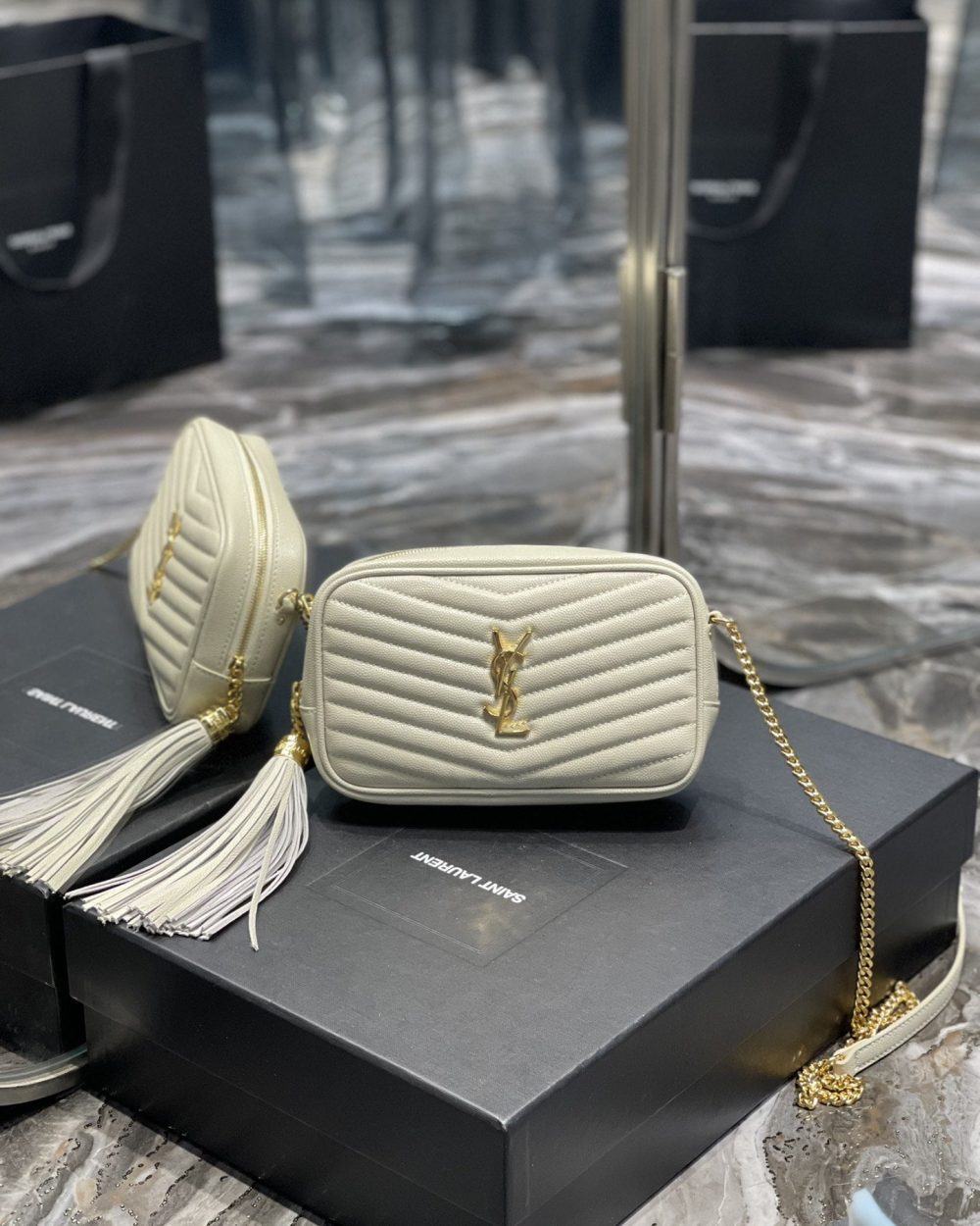 [REP 1:1] Saint Laurent Lou Mini Bag White In Quilted Grain De Poudre With Gold Hardware For Women 7.4in/19cm YSl 6125791GF019207