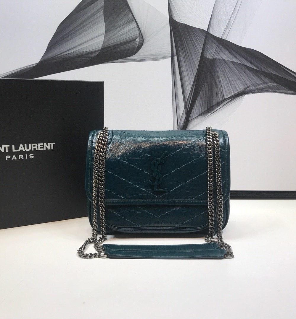 [REP 1:1] Saint Laurent Niki Baby Chain Bag In Crinkled Vintage Dark Green For Women 8.2in/21cm YSL