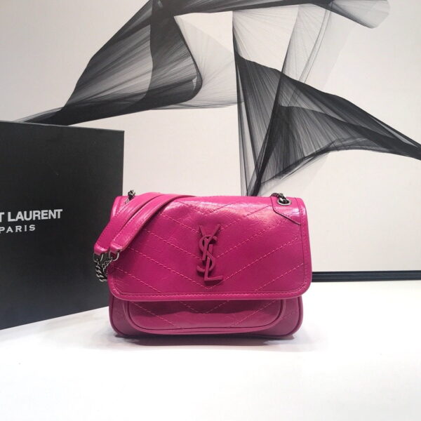 [REP 1:1] Saint Laurent Niki Baby Chain Bag In Crinkled Vintage Dark Pink For Women 8.2in/21cm YSL
