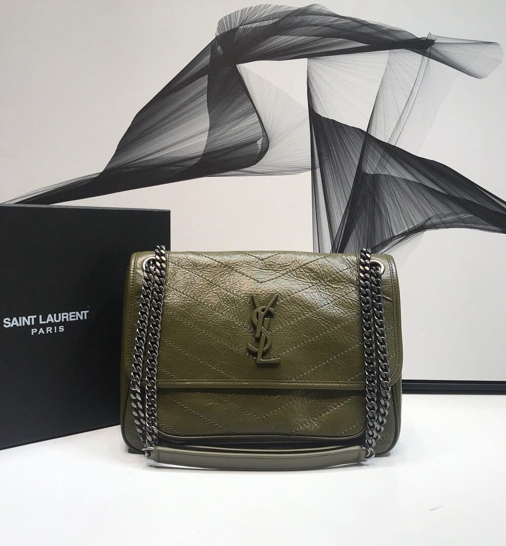 [REP 1:1] Saint Laurent Niki Medium Chain Bag In Crinkled Vintage Green For Women 11in/28cm YSL 6331581YG041229