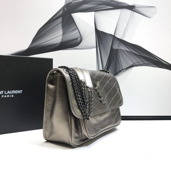 [REP 1:1] Saint Laurent Niki Medium Chain Bag In Crinkled Vintage Silver For Women 11in/28cm YSL