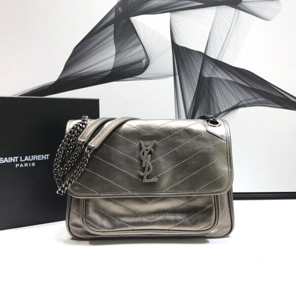 [REP 1:1] Saint Laurent Niki Medium Chain Bag In Crinkled Vintage Silver For Women 11in/28cm YSL