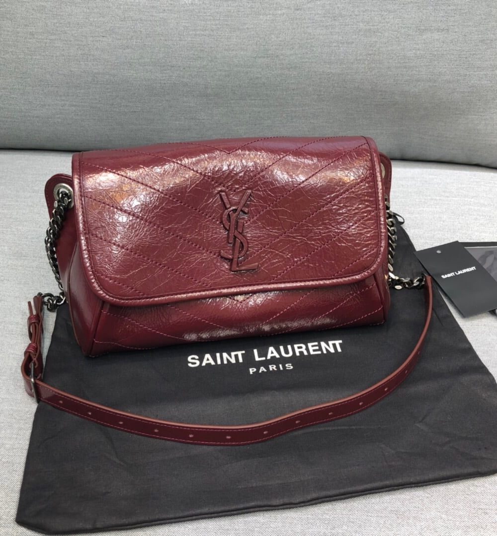 [REP 1:1] Saint Laurent Niki Medium Crinkled Shoulder Bag Burgundy For Women 11in/28cm YSL