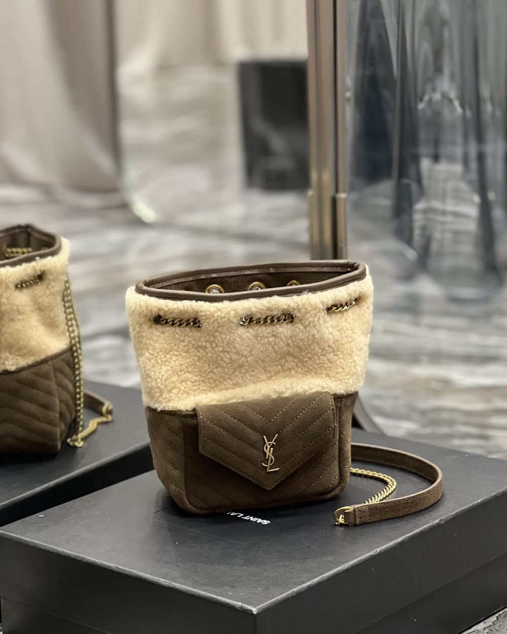 [REP 1:1] Saint Laurent Oe Mini Bucket Chevrons Brown For Women, Women's Bags 7.5in/19cm YSL‎ 70163129XA79587