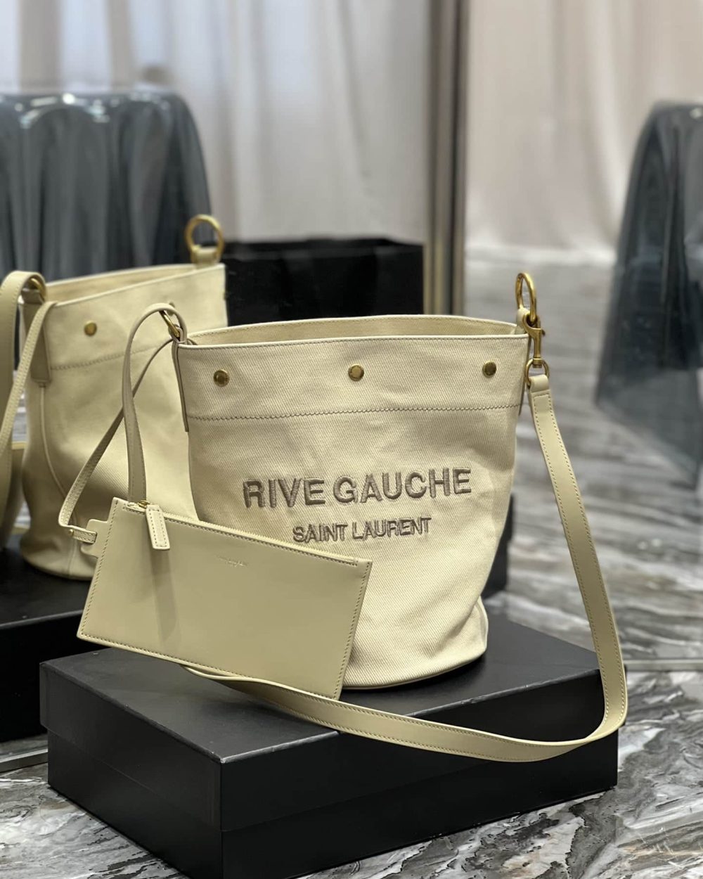 [REP 1:1] Saint Laurent Rive Gauche Bucket Bag Beige For Women, Women's Bags 12.2in/31cm YSL