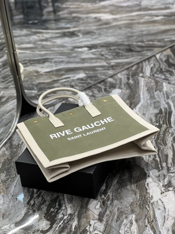 [REP 1:1] Saint Laurent Rive Gauche Small Tote Bag In Linen Military Green For Women 15.4in/39cm YSL 617481FAADI3281