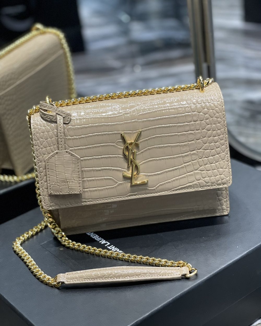 [REP 1:1] Saint Laurent Sunset Medium Chain Bag For Women 8.6in/22cm Beige YSL 442906DND0J2721
