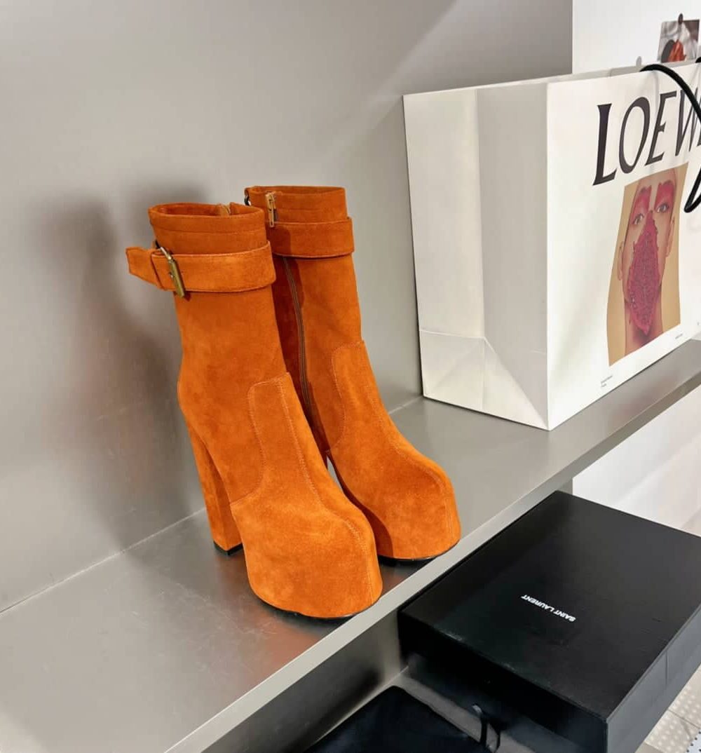 Saint Laurent Women's Cherry Buckle Platform Booties Orange For Women YSL