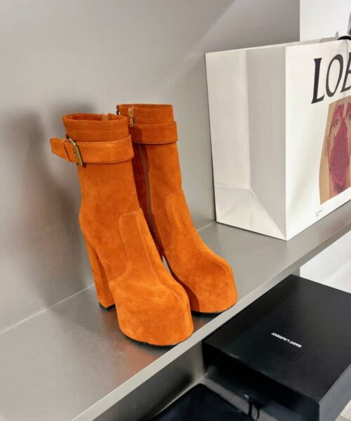 Saint Laurent Women's Cherry Buckle Platform Booties Orange For Women YSL