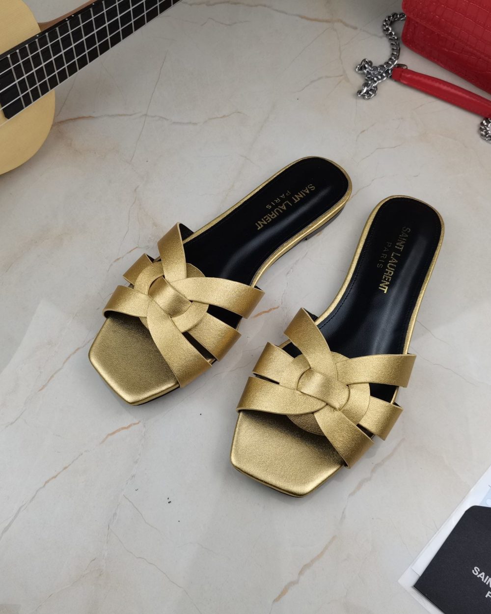 Saint Laurent Women's Tribute Flat Mules Gold For Women YSL