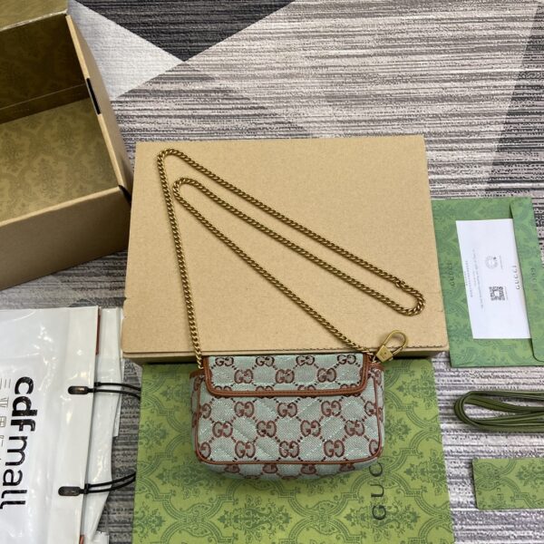 1:1 Replica GG SUPER MINI SHOULDER BAG Pale blue and brown canvas For Women 783141 FADAT 4941